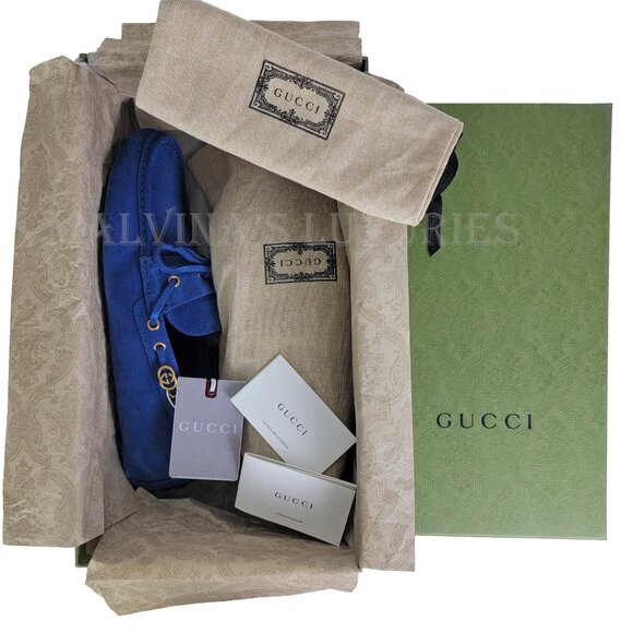 GUCCI SHOES MENS DRIVER BLUE SUEDE LEATHER INTERLOCKING G LOGO sz 10.5 11 US - Picture 15 of 16